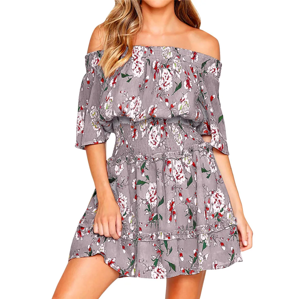 Женское платье с цветочным принтом Boho высокой талией коротким рукавом открытыми