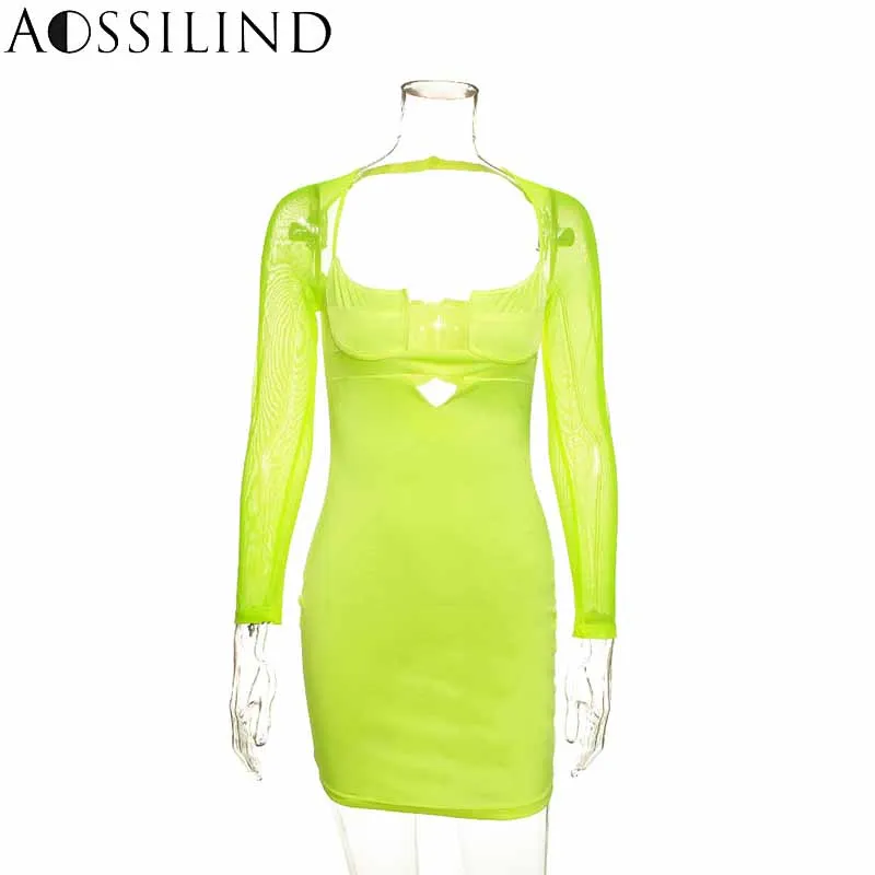 AOSSILIND сексуальные с сеточкой в стиле петчворк выдалбливают Bodycon платье Весна Лето