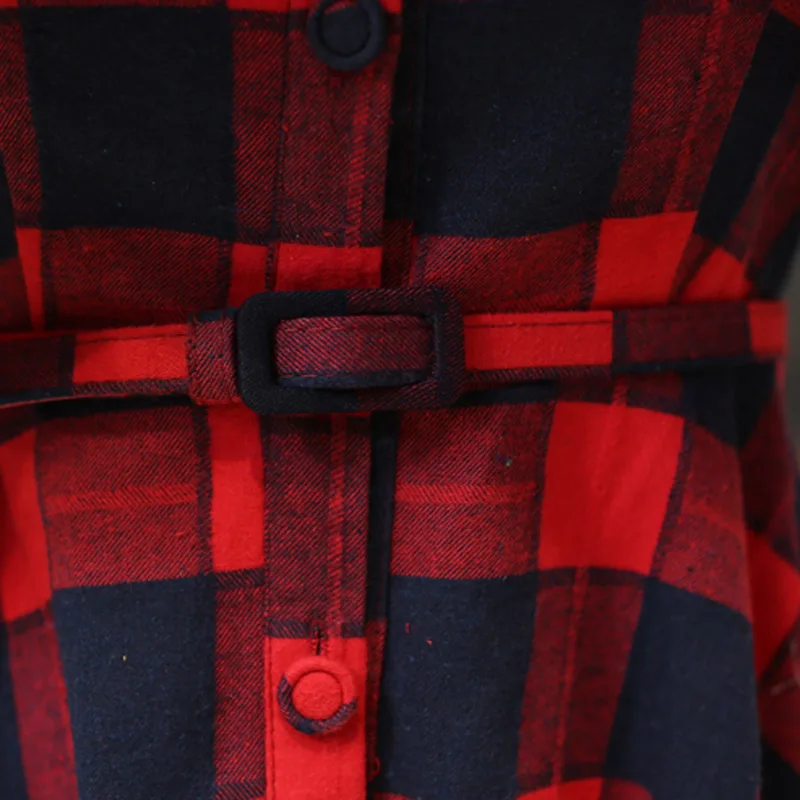 Ретро красный плед блузка рубашка платье Для женщин-лен отложной воротник с