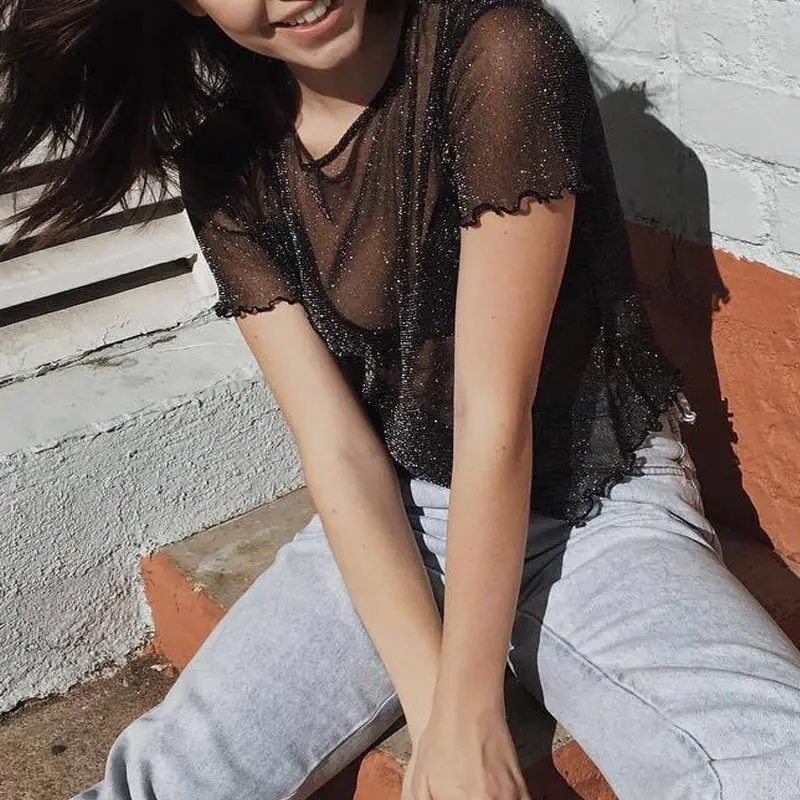 Женские летние футболки с коротким рукавом тонкий сетчатый Сияющий круглый
