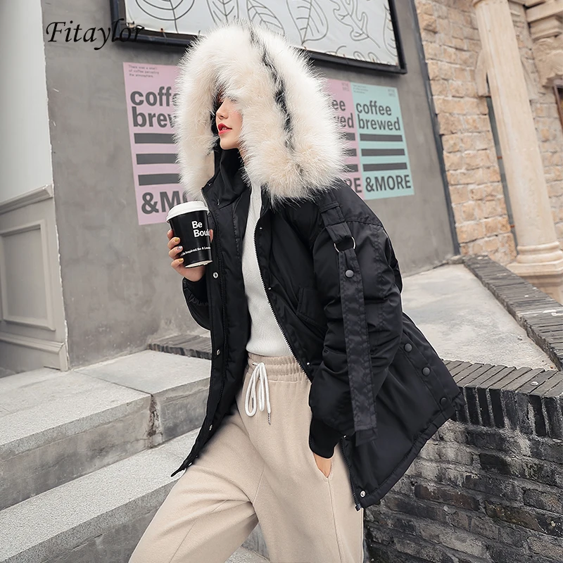 Fitaylor Women Short Winter Cotton Parkas Hooded Warm Loose Jacket Coat Large Fur Collar Cotton Padded Jacket Casual Outerwear