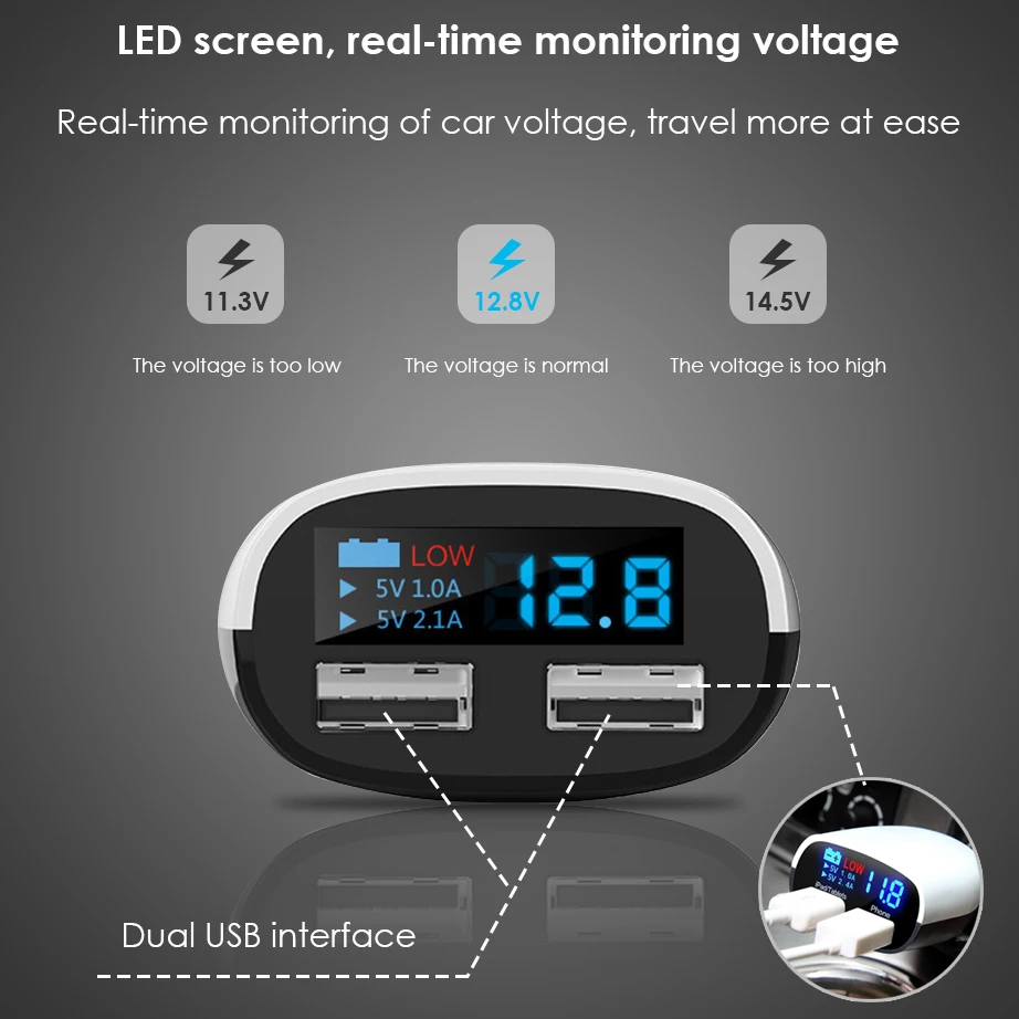 KEXU Dual USB Universal Car Charger 5V 3.4A Voltage Diagnostic LED Screen Car-Charger 2.4A+1A For Mobile Phone | Мобильные телефоны