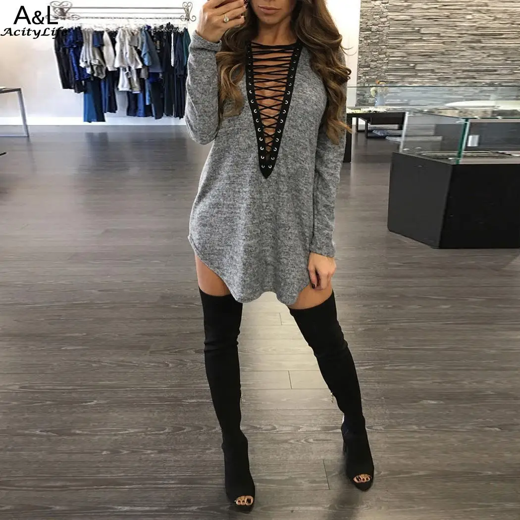 Однотонная повседневная обувь с длинным рукавом Для женщин V Neck Lace up Свободные