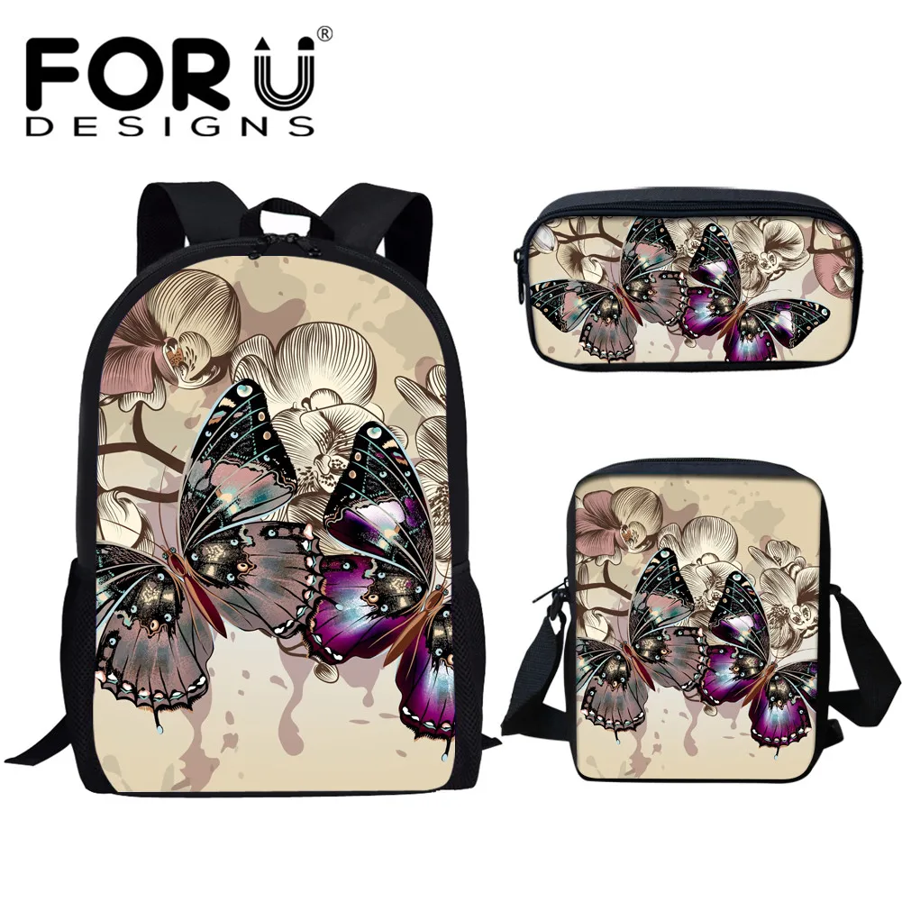 

FORUDESIGNS 3pcs/set School Bag Set Girl Backpack 3D Butterfly Orthopedic Schoolbags for Teenage Boys Students Bag Back Mochila