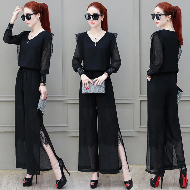 Осень шифон комплект из 2 частей Для женщин кружева Packwork Conjunto Feminino эластичный
