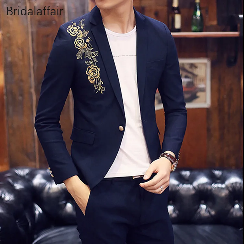 Чудесные синие смокинги для жениха с вышивкой модные мужские костюмы на свадьбу