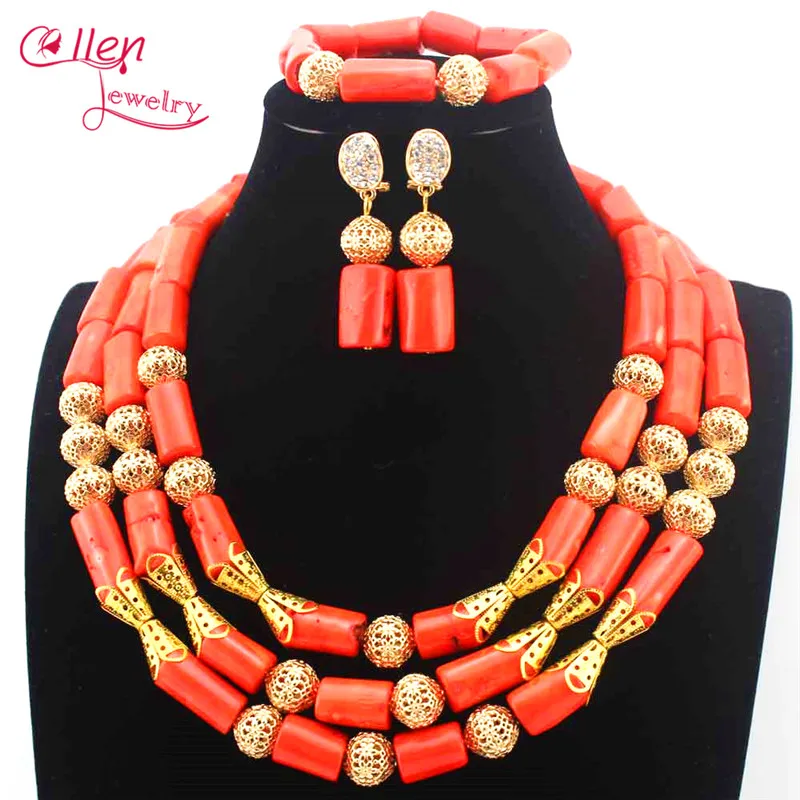 

Luxury Nigerian Orange Coral Beads Necklace Set Wedding beads Indian Dubai Bridal Statement african beads jewelry Set E1149