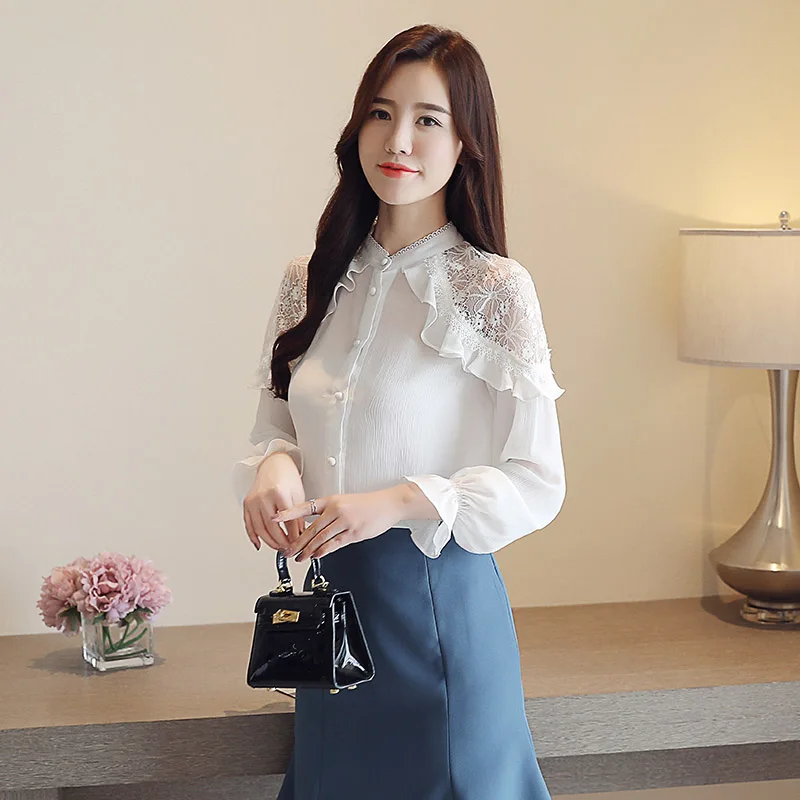 

17zq 2019 Women Chiffon Shirt Spring Lace Shirt Trumpet Sleeves Commuter Blouse Female Long-sleeved Ruffled Patchwork Shirt 6597