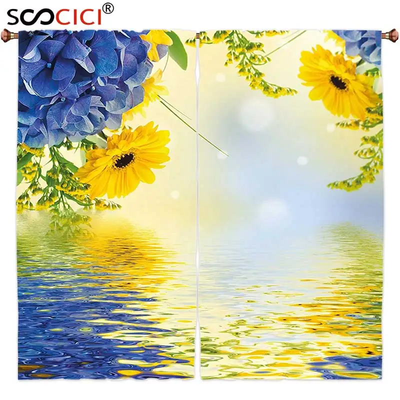 Шторы на окна 2 панели желтый и синий романтичный букет гортензий астеров водном