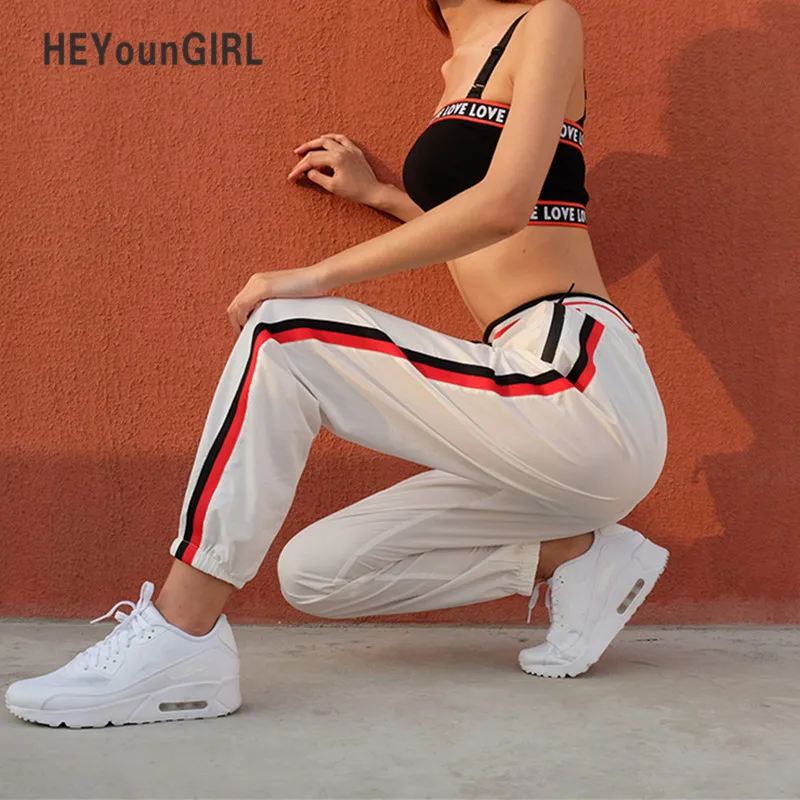 HEYounGIRL/белые полосатые штаны с боковыми вставками, женские Беговые брюки в повседневном стиле, шаровары с высокой талией, летние мешковатые брюки, свободные спортивные штаны
