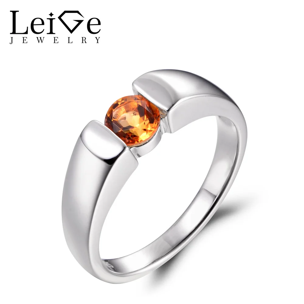 

LeiGe Jewelry Natural Citrine Rings Anniversary Rings Round Cut Yellow Gemstone Ring 925 Sterling Silver Bezel Setting Rings