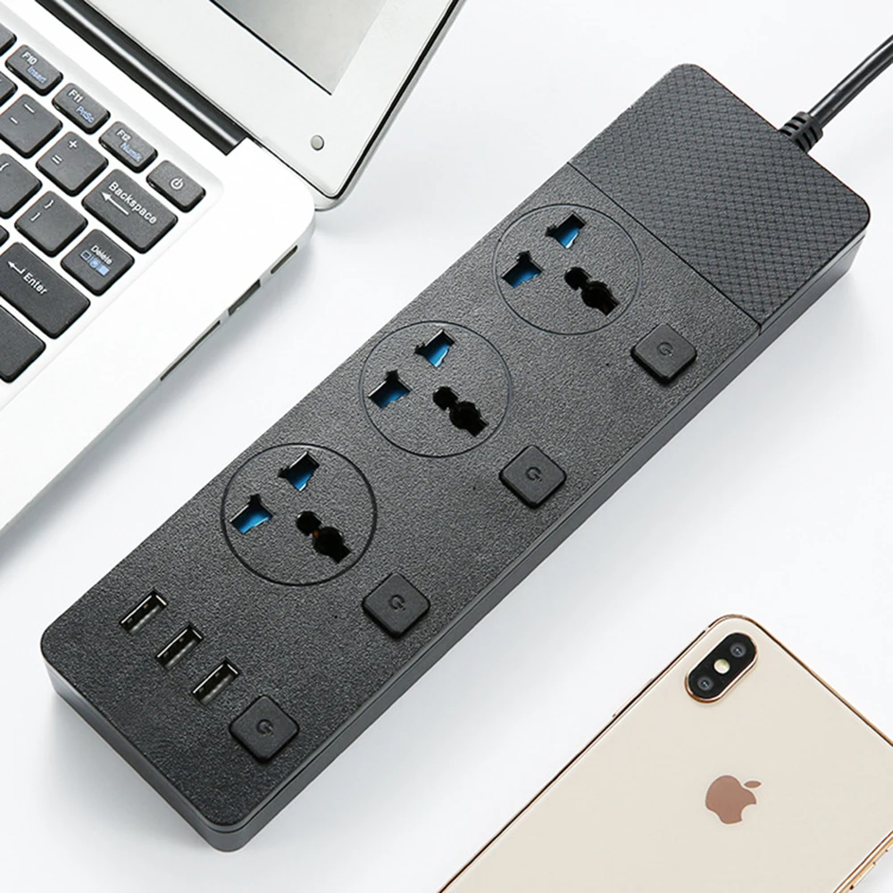 USB Мощность полосы 3 Универсальный AC Розетка с розетки выключатель 2 м кабель