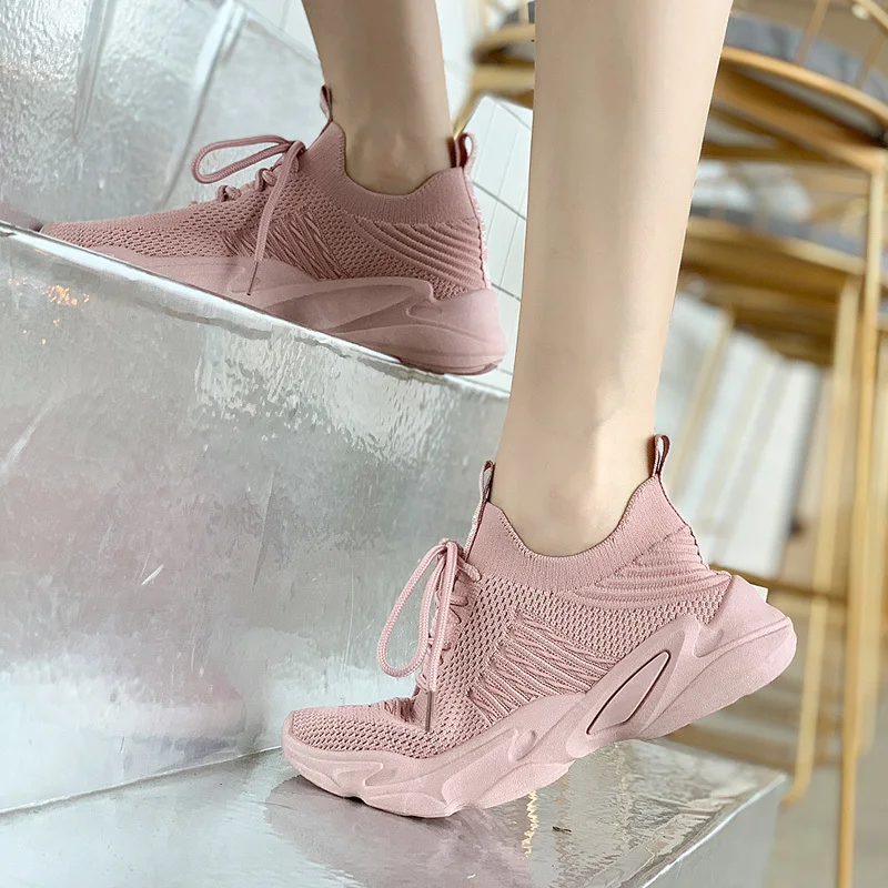 Кроссовки женские из эластичной ткани сетчатые дышащие на платформе плоская