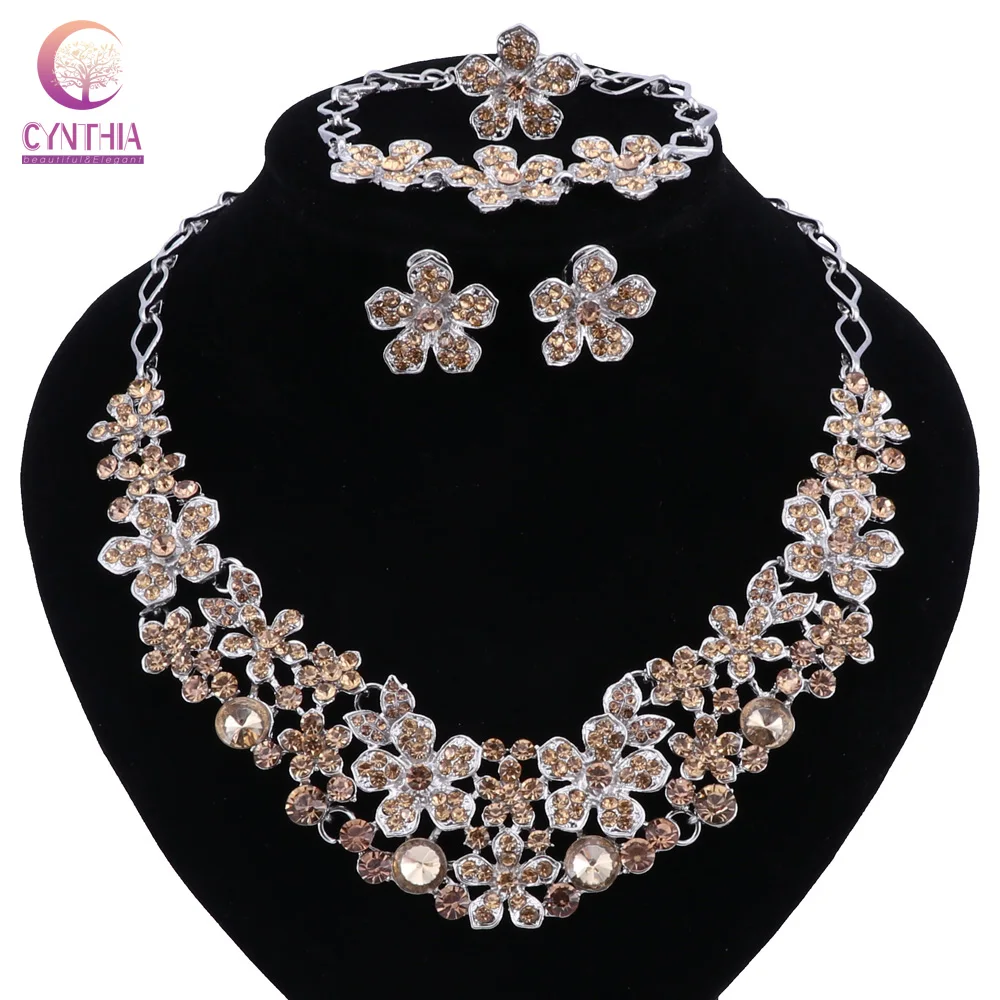 

Rhinestones Jewelry Sets For Women Wedding African Beads Party Silver Color Crystal Pendant Necklace Earrings Ring Accessories