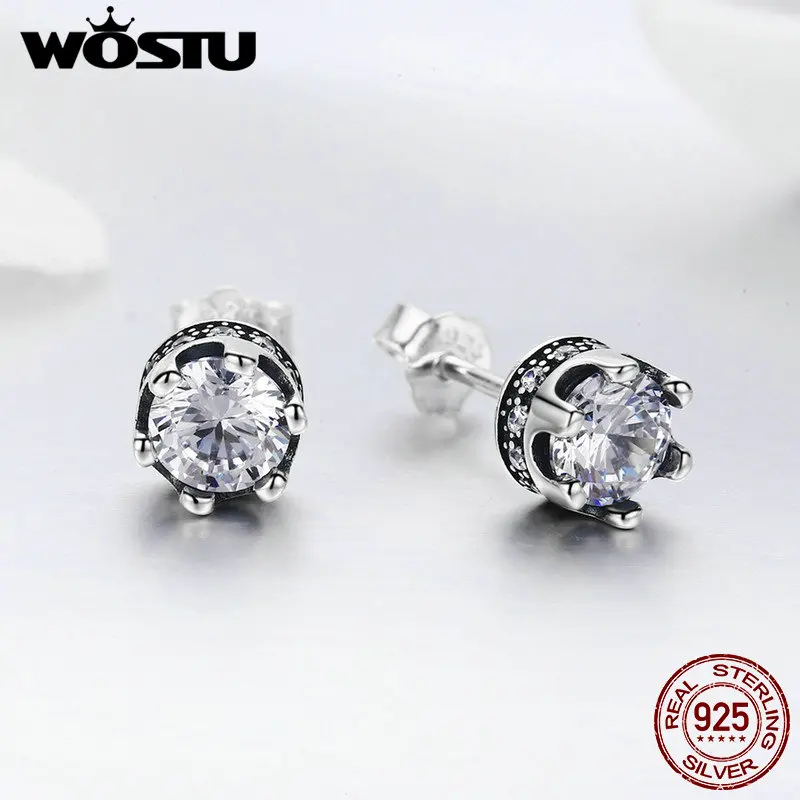 WOSTU 925 пробы Серебряная нежная Корона, прозрачные CZ серьги-гвоздики для женщин S925 серебряные ювелирные изделия Brincos подарок DXE311