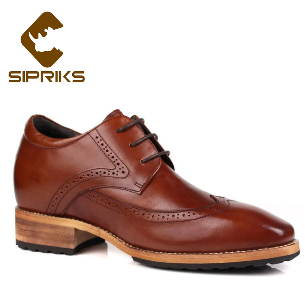 Sipriks Brown Leather Hidden Heel Shoes Men Oxfords Elevator 8 CM Boss Male Retro Brogue Shoes Elegant Black Gents Suit Shoes