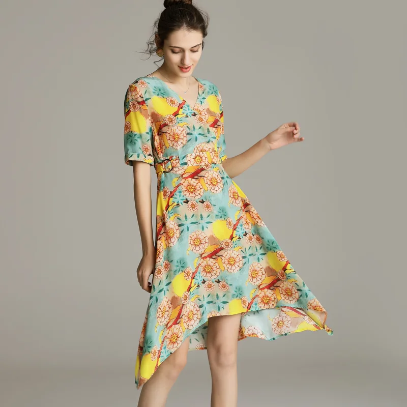 Женское шелковое платье Повседневное до колена с коротким рукавом и цветочным