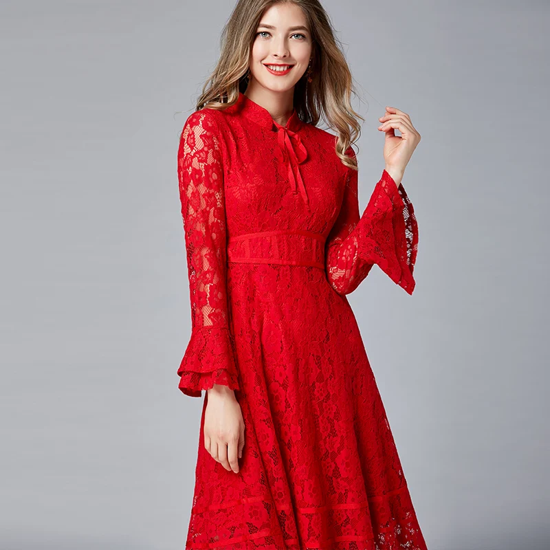 PLUS SIZE woman dress summer spring high quality floral pattern red lace flare sleeve stand collar calf length 5XL | Женская одежда