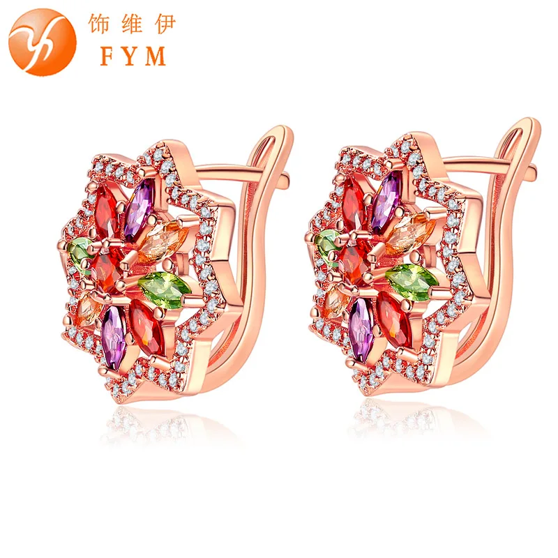 

FYM Fashion Luxury Rose Gold Color Flower Shape Earrings Colorful Cubic Zirconia Hoop Earrings jewelry Accessories For Party