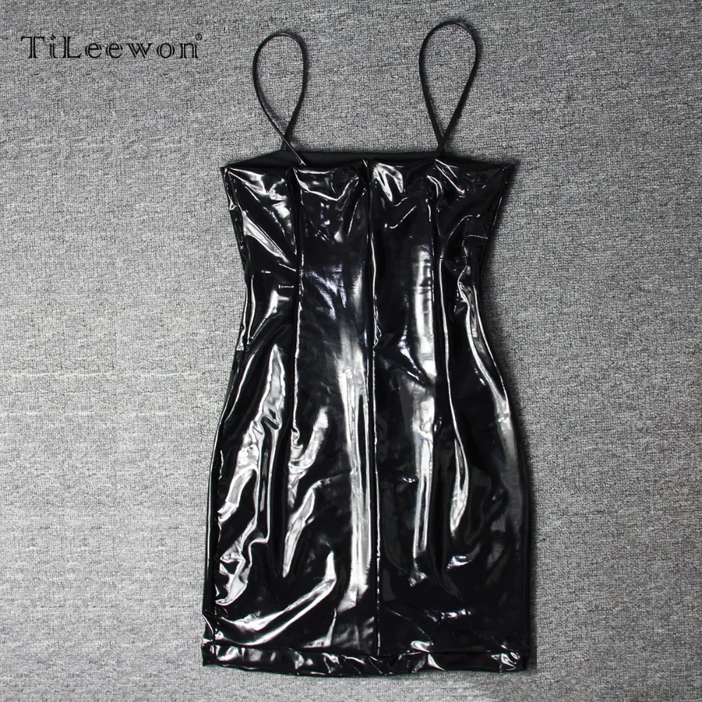 

2019 New Summer Women Sexy Black Mini Bodycon Bar Party Night Club Sleeveless Sling Leather Dress Wrapped Hips Personality