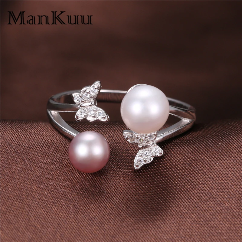 ManKuu Trendy Fashion Pearl Ring Natural 5-7mm Round 925 Sterling Silver Butterfly For Women Wedding Anniversary | Украшения и