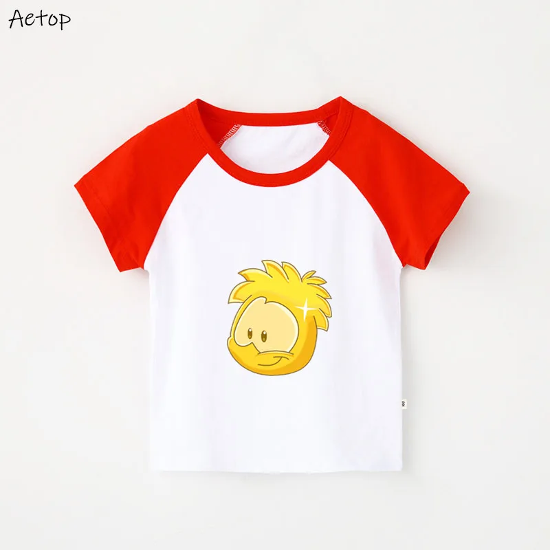Kids Fashion New Club Penguin Rainbow Puffle T Shirt children Pure Cotton Game Short Sleeve t shirt The Cake print T-shirt | Мать и