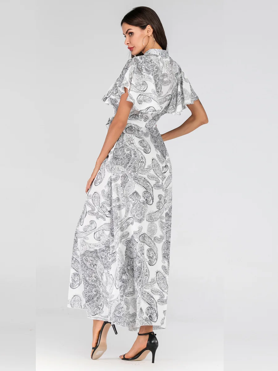 

Summer Women Chiffon Bohemian Maxi Dress Print Lace Up Streetwear Short Sleeve ramadan muslim abaya african dashiki VKDR1652