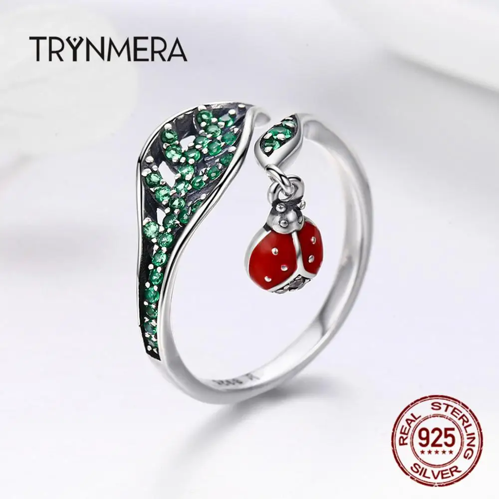 Trynmera, 925 пробы, серебряные кольца, божья коровка, болтаются в листьях дерева, кольца на палец для женщин, ювелирные изделия из стерлингового серебра, подарок tr072