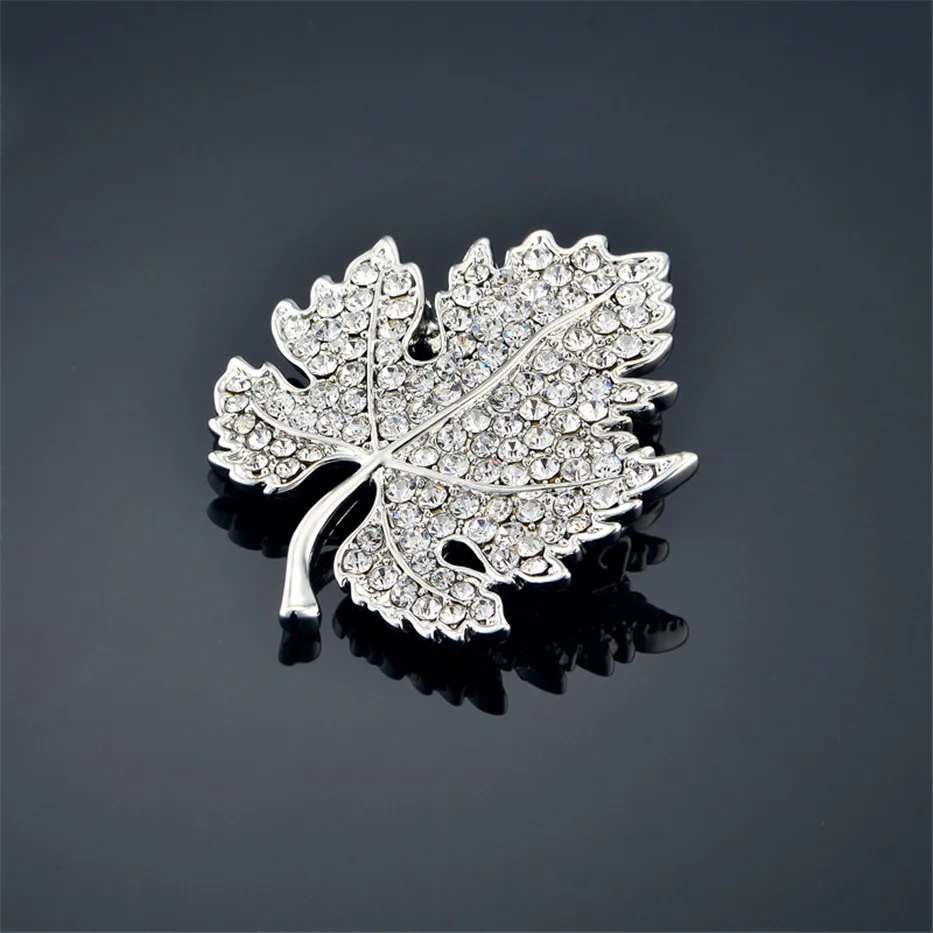 

Fashion Women's Maple Leaf Brooches and Pins For Women Luxury Silver Color Rhinestone Wedding Brooch Female Jewelry