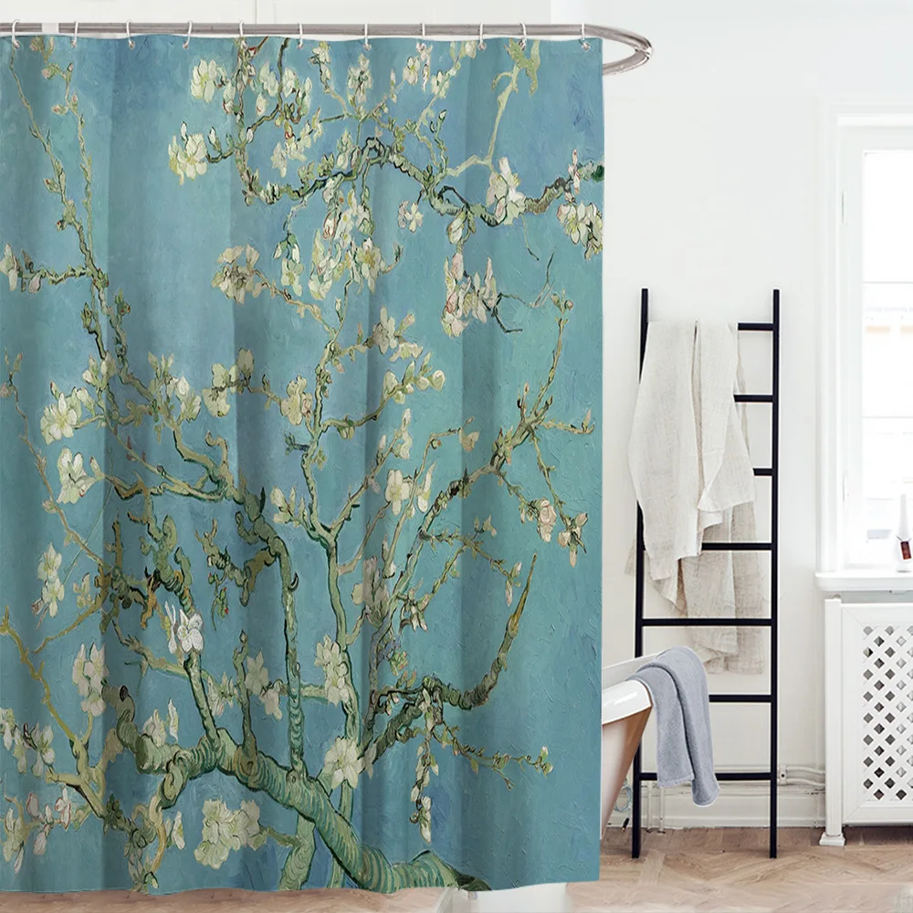 Flower Painting Printed Mildew Proof Polyester Shower Curtains Washable Waterproof Shower Curtains for Bathroom Home Decor