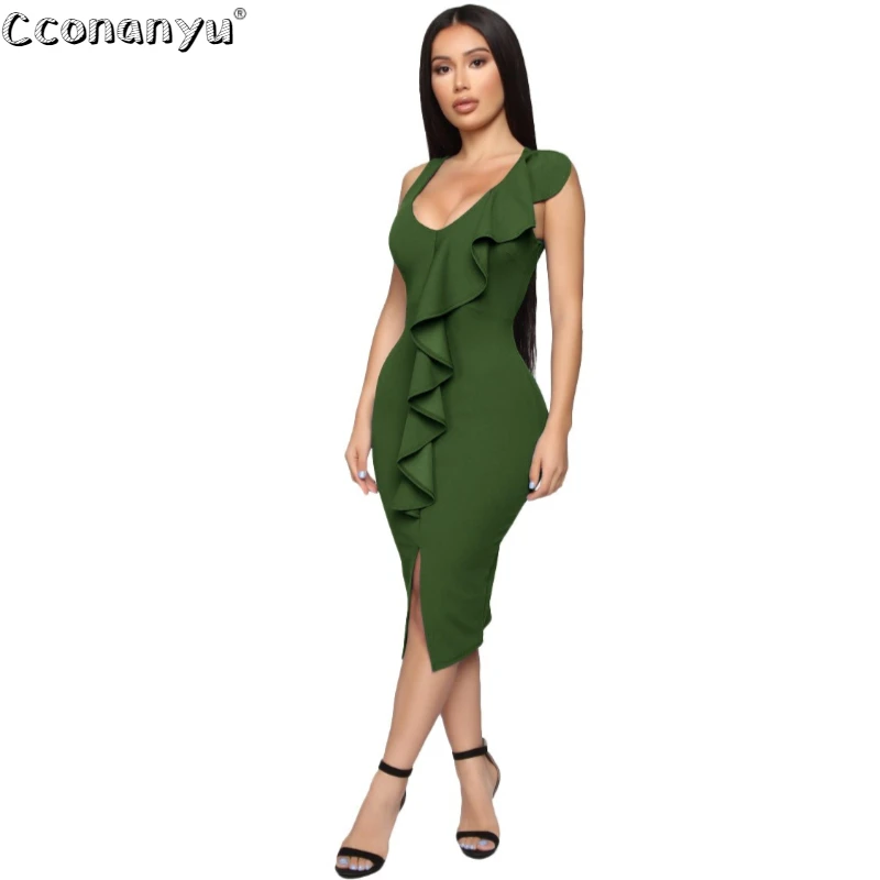 

Women Round Neck Ruffles Sleeveless Dress Sexy Slim Split Strapless Dress 2019 Summer Solid Color Club Party Dress