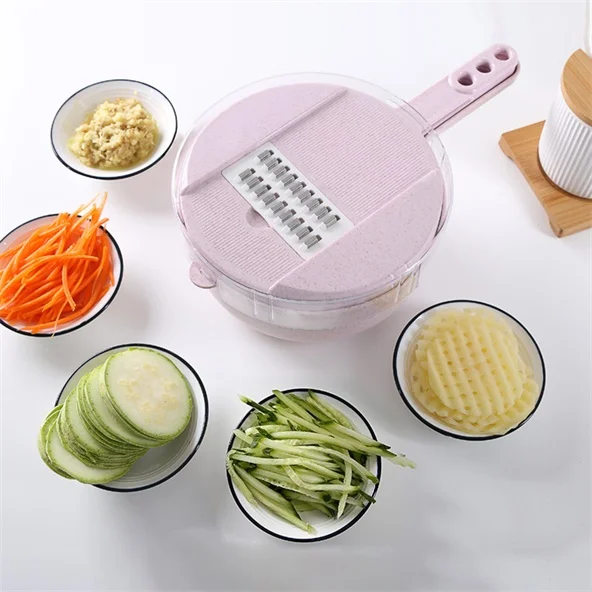 pink 9 pcs /Set Kitchen Cutter Fruit Vegetable Slicer Potato Carrot Grater Garlic Chopper Mandoline Cutter with Noodle Drain Basket - Цвет: pink