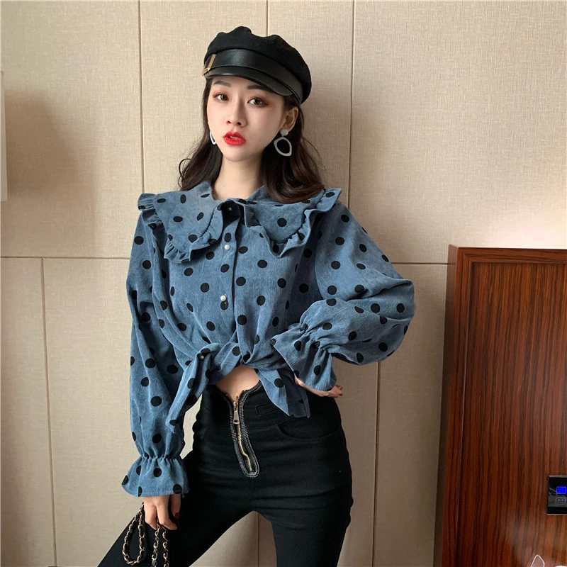 Lychee Girls Dot Print Ruffles Women Sweet Blouses Peter Pan Collar Long Flare Sleeve Female Shirts Autumn Winter Vintage Blouse | Женская