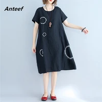 short sleeve cotton linen vintage embroidery dot dresses for women casual loose midi summer dress elegant clothes 2021