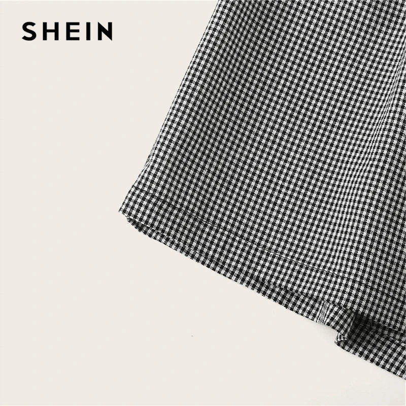 SHEIN элегантные черно-белые шорты с поясом в мелкую клетку, женские летние милые клетчатые шорты с высокой талией и оборками
