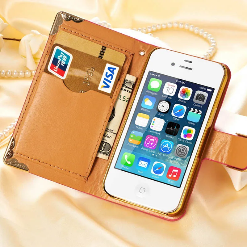 4S чехол бумажник из искусственной кожи и блестящими хрустальными побрякушками