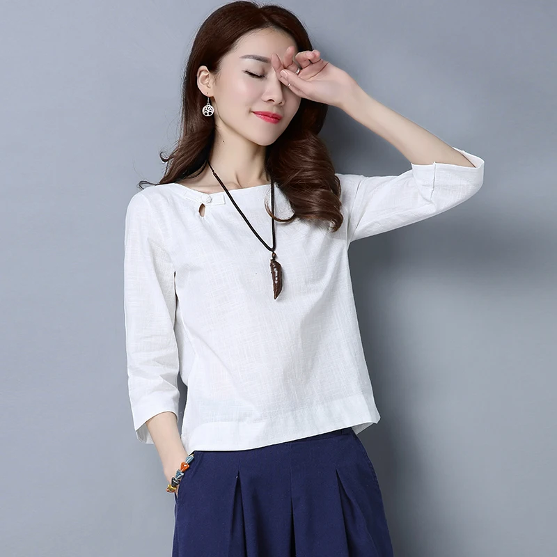 Женская рубашка с рукавом три четверти и круглым вырезом из хлопка льна | одежда
