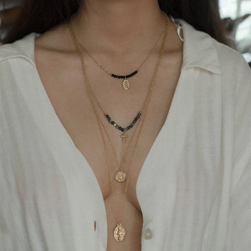 Цепочка с подвеской крестом женская многослойное ожерелье монеткой 4 слоя Иисус