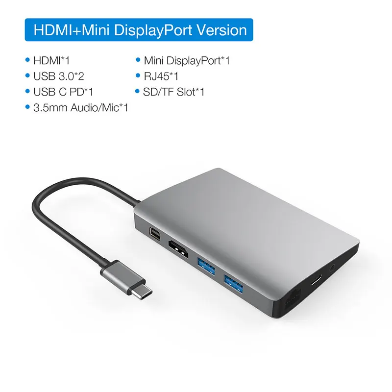 Серый USB C type C док-станция для ноутбука Macbook USB C к HDMI Mini DP 4K RJ45 Ethernet USB 3,0 аудио 3,5 мм Тип C зарядная док-станция - Цвет: Серый