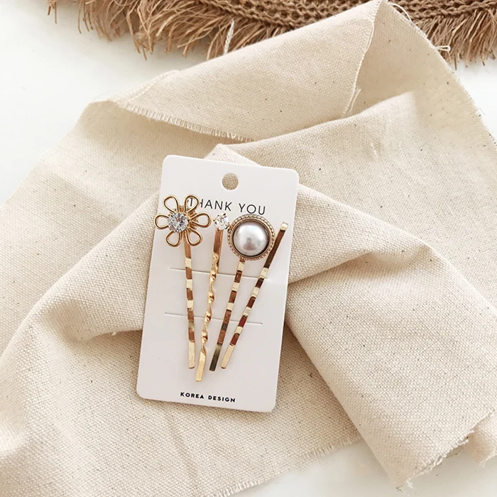 

4PCS/set Korea Women Vintage Metal Imitiation geometric Pearl Hairpins Flower Shape Hair Clips Gold Crystal Hair Accessories