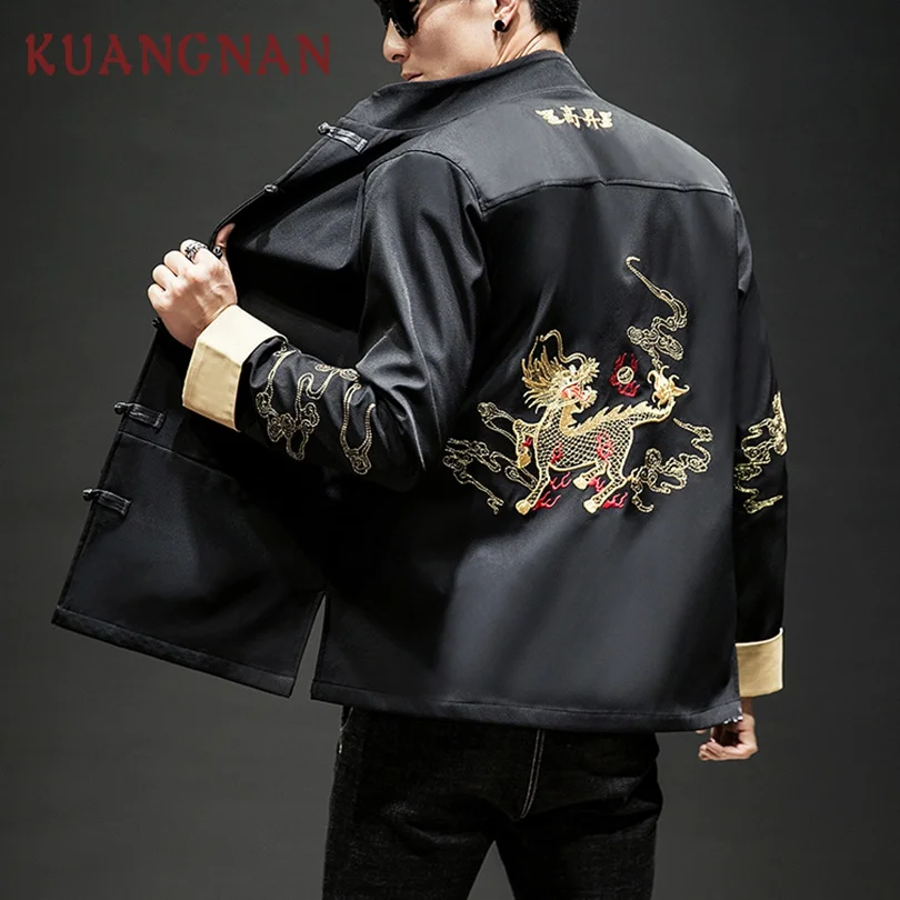 KUANGNAN китайская куртка-бомбер с вышивкой Kirin, мужская куртка в стиле хип-хоп, мужские куртки и пальто, черная уличная Мужская куртка, пальто, весна