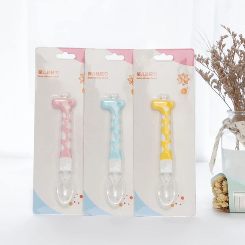 Three Color Optional Creative Cartoon Giraffe Bending Easy Take Elbow Training To Eat Feeding Practice Transparent Baby Spoon | Мать и
