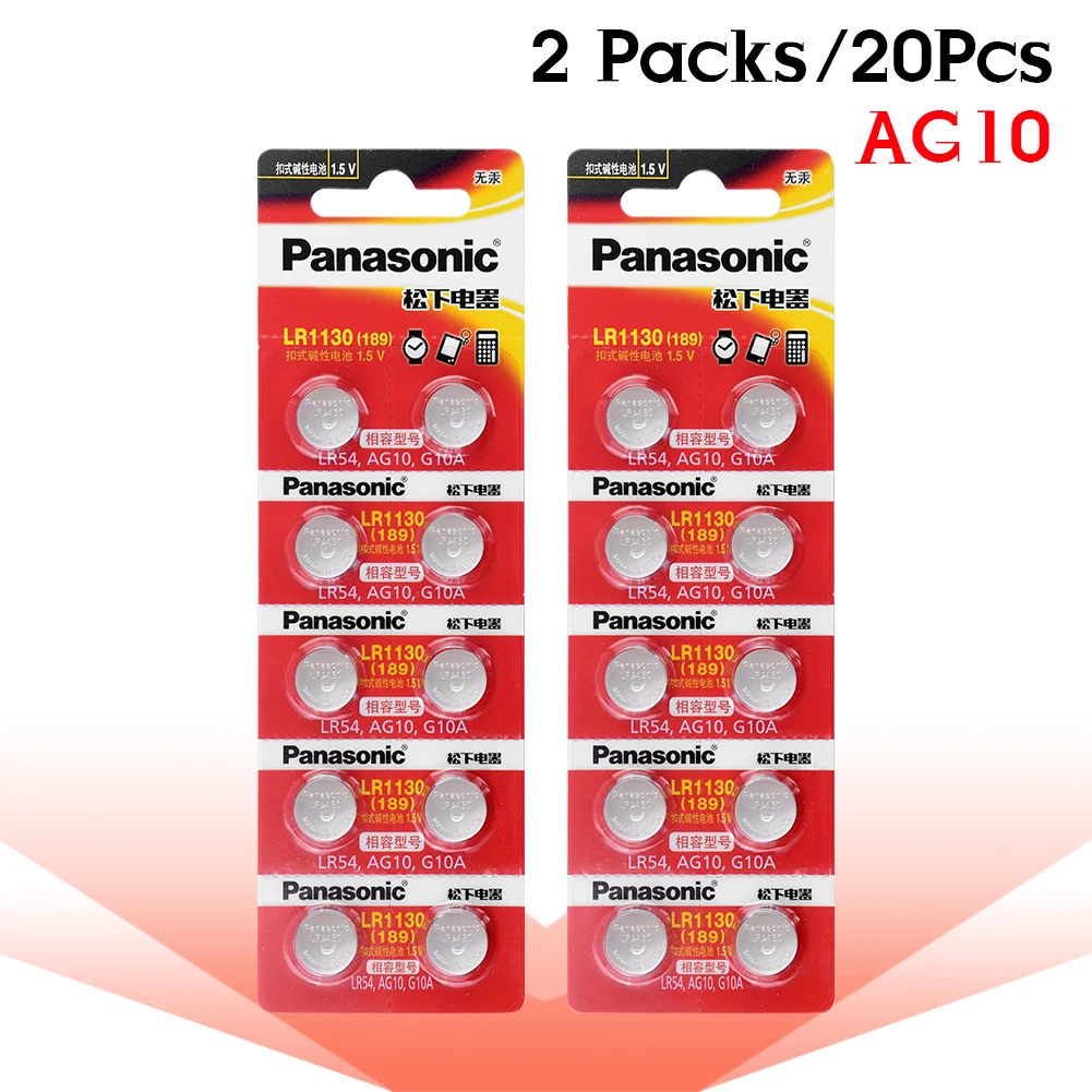 20 шт./лот Panasonic Батарея сотовый 1,5 V AG10 LR1130 Щелочная батарейка-кнопка AG10 389 LR54 SR54 SR1130W 189 LR1130 аккумуляторы таблеточного типа