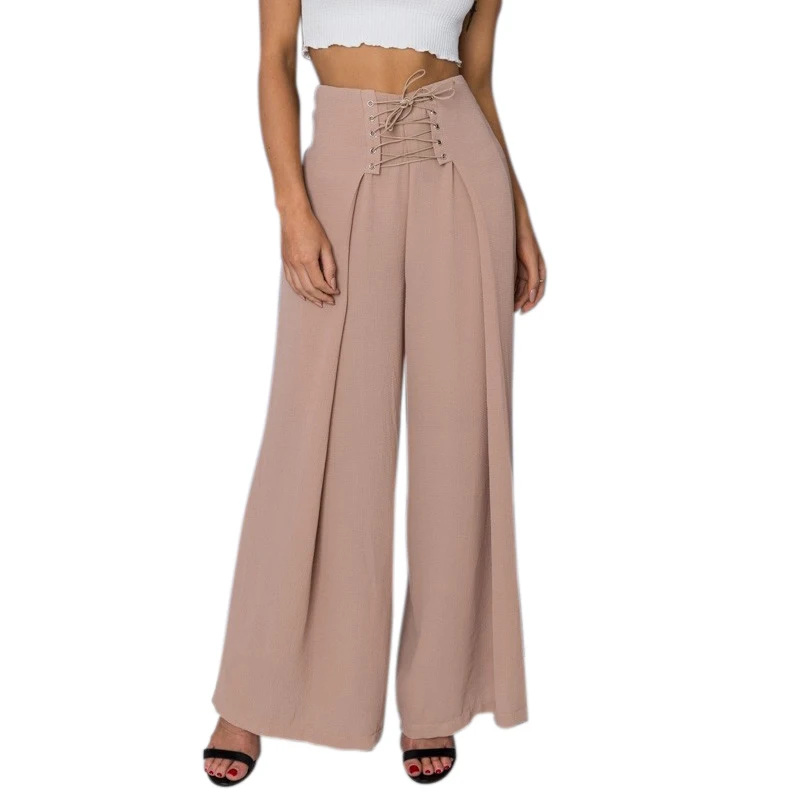 Твердые 2018 весенние брюки для женщин Высокая талия шифон на шнуровке свободные
