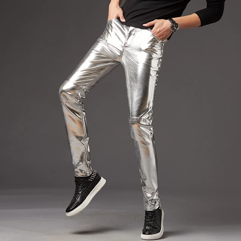 

2022 Men Skinny Faux Leather Leisure Pants Black Gold Silver PU Shiny Pants Singers Club Performance On Stage Dancer Clothes