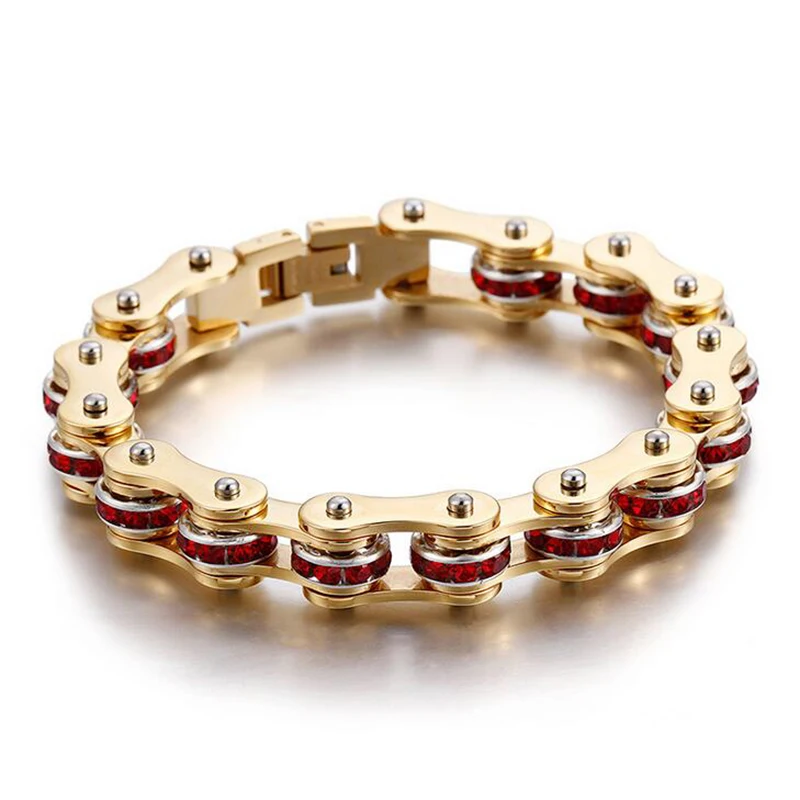 

MenPunk Rock Women Stainless Steel Gold Bike Bracelet & Black White Red Blue CZ Crystal Bicycle Motorcycle Chain Bracelets