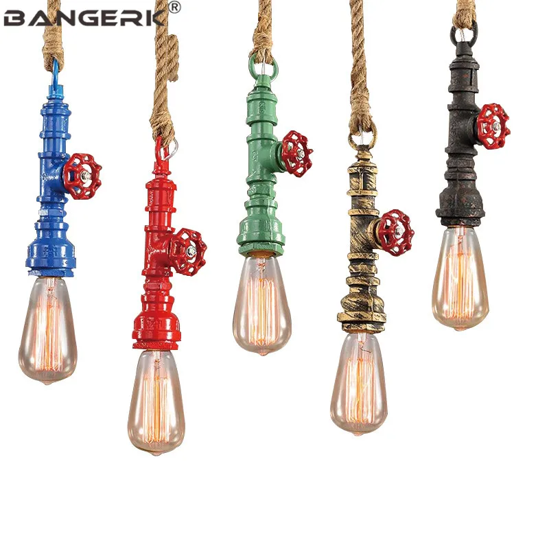 Vintage Industrial Water Pipe Pendant Lamp Loft Rope Hanging Lamps LED Edison Lights Lighting Home Decor Fixtures | Лампы и освещение