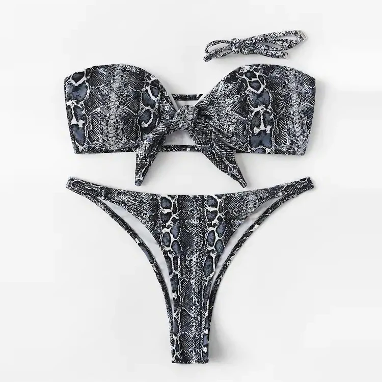 

Strapless Bikini Push Up Swimsuits Bandeau Biquini Swimwear Women Snake Print Bikini Set Beachwear Off Shoulder Bathing Suit