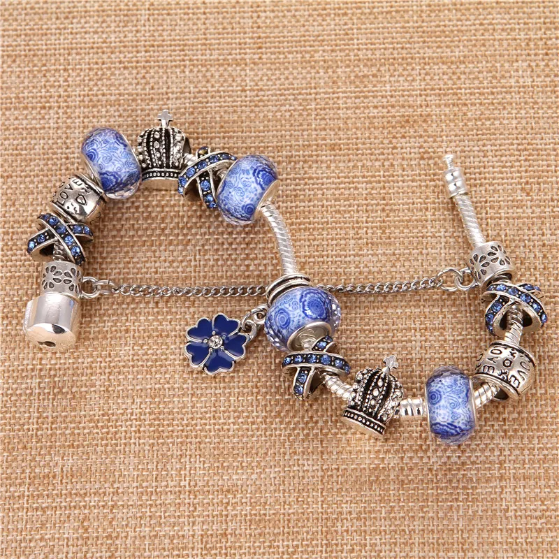 European Style Silver plated Flower Pendant Blue Crystal Fashion DIY Elegant Charms Pand Bracelets &amp Bangles For Women Gift | Украшения