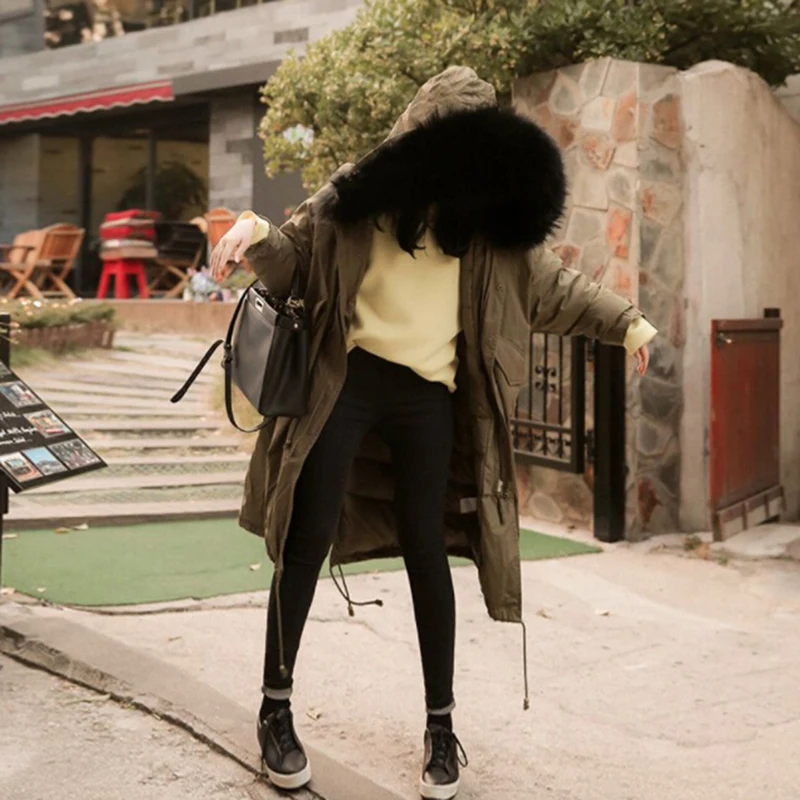 Женская зимняя длинная парка теплая с капюшоном и меховым воротником хлопковая